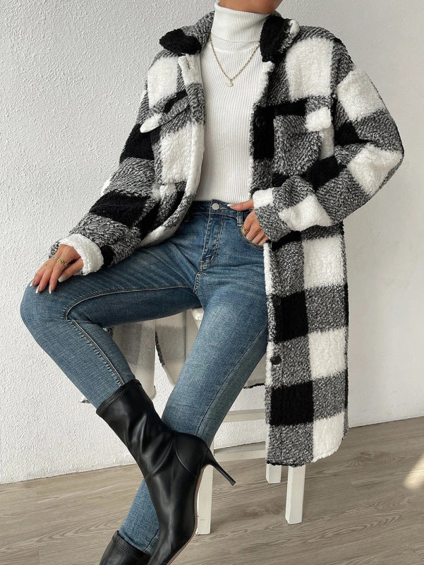 Autumn and winter open buckle lapel plush plaid coat - loose temperament commuter long coat - K - 4 COLORS -