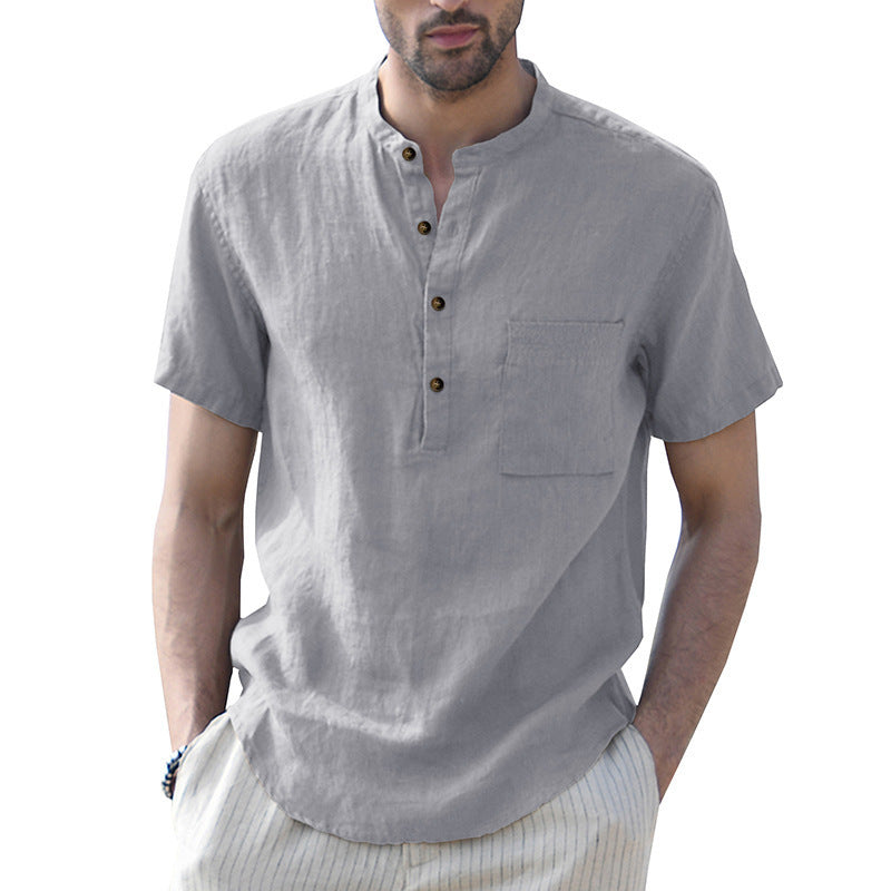 Men's Woven Casual Stand Collar Linen Short Sleeve Shirt - K - 8 COLORS -