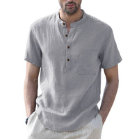 Thumbnail for Men's Woven Casual Stand Collar Linen Short Sleeve Shirt - K - 8 COLORS -