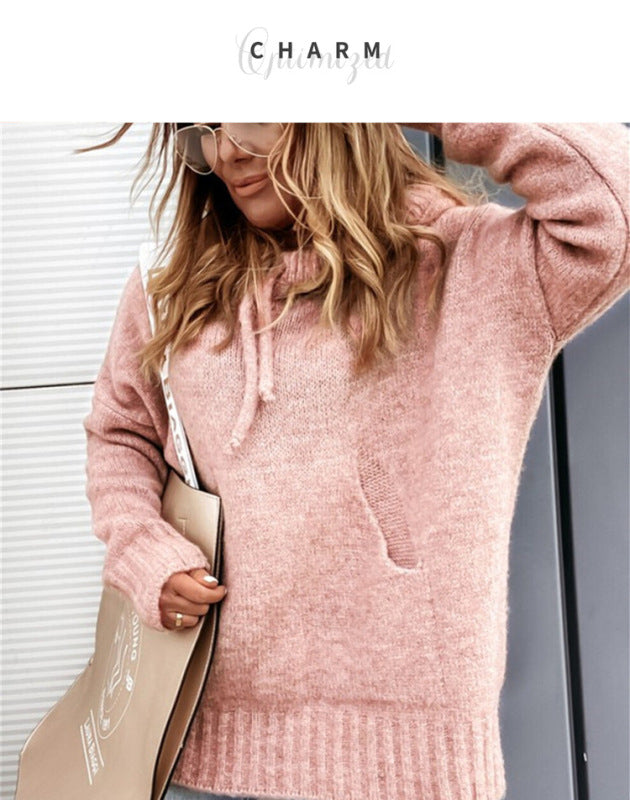 Women's Knitted Hoodie Kangaroo Pocket Casual Knitwear - K - 8 COLORS -