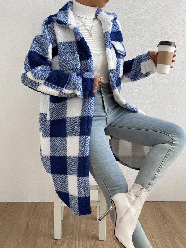 Autumn and winter open buckle lapel plush plaid coat - loose temperament commuter long coat - K - 4 COLORS -