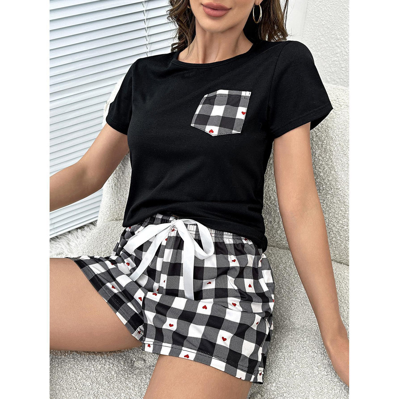 Plaid Heart Top and Shorts Lounge Set - 2 PCS. - T - 1 COLOR -