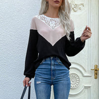 Thumbnail for Long-sleeve color-block lace crewneck sweater - K - 1 COLOR -