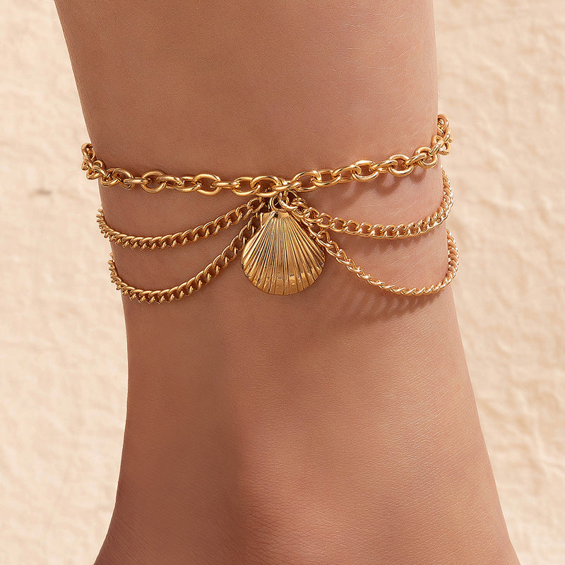 Gold heart-shaped chain anklet tassel snake-shaped pendant three-layer anklet for women - K - 6 CHARMS -