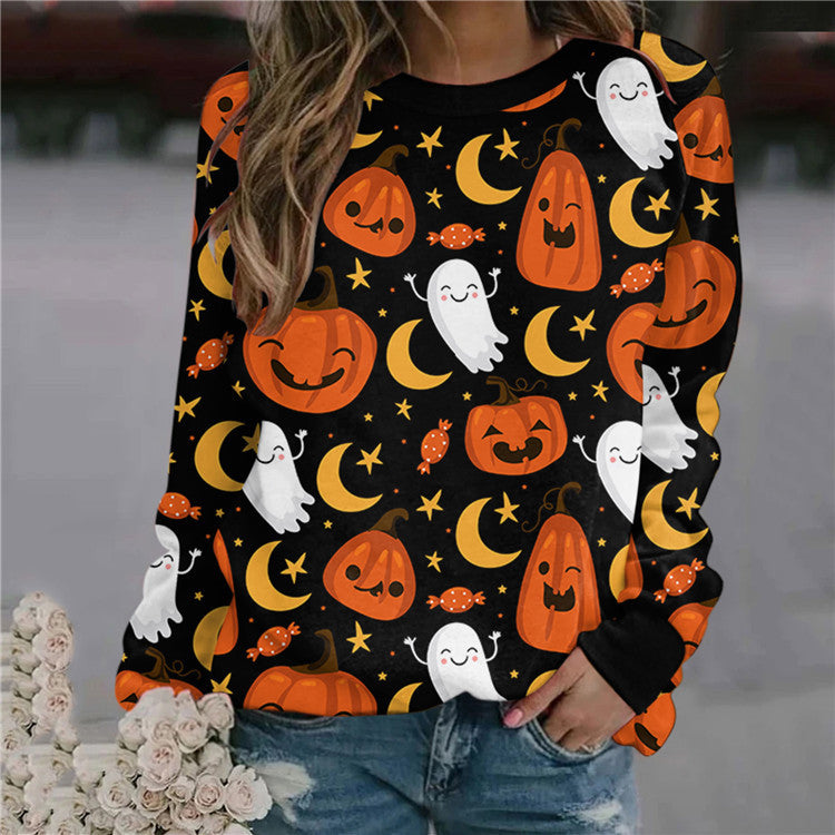 Women's Halloween printed long-sleeved loose sweatshirt  - K - 10 PATTERNS - CHECK US OUT! -