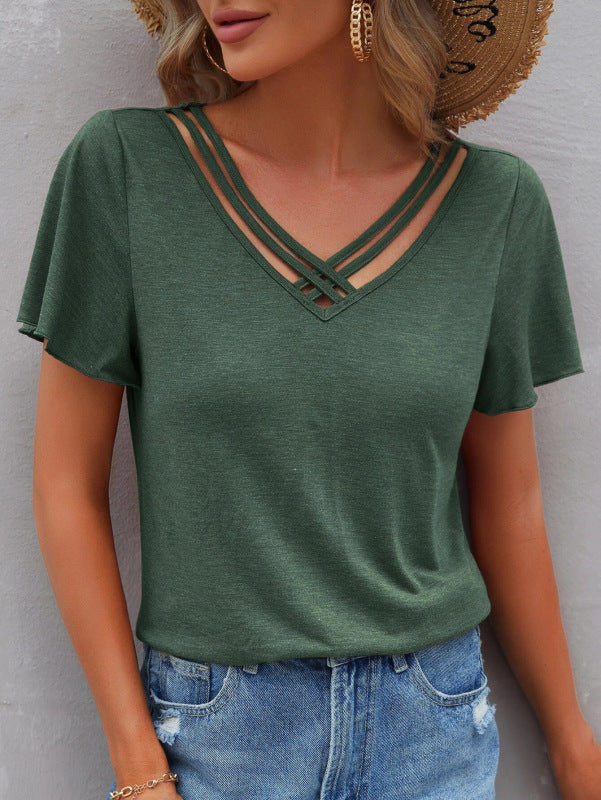 Women's Solid Color Cross Straps V-Neck Tee - K - 6 COLORS -