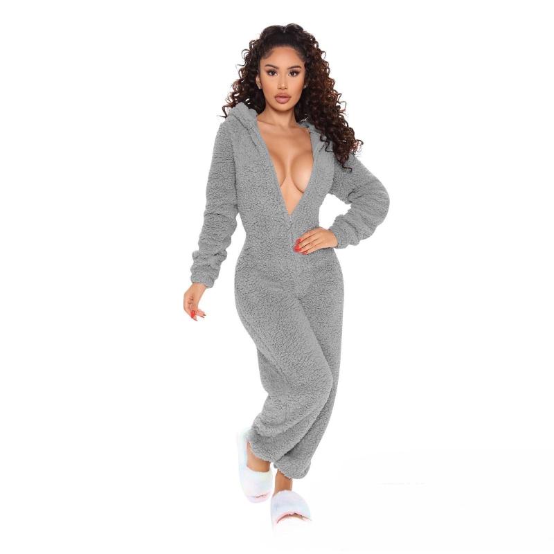 Long Sleeve Hooded Casual Jumpsuit Pants Plush Loungewear - K - 7 COLORS -