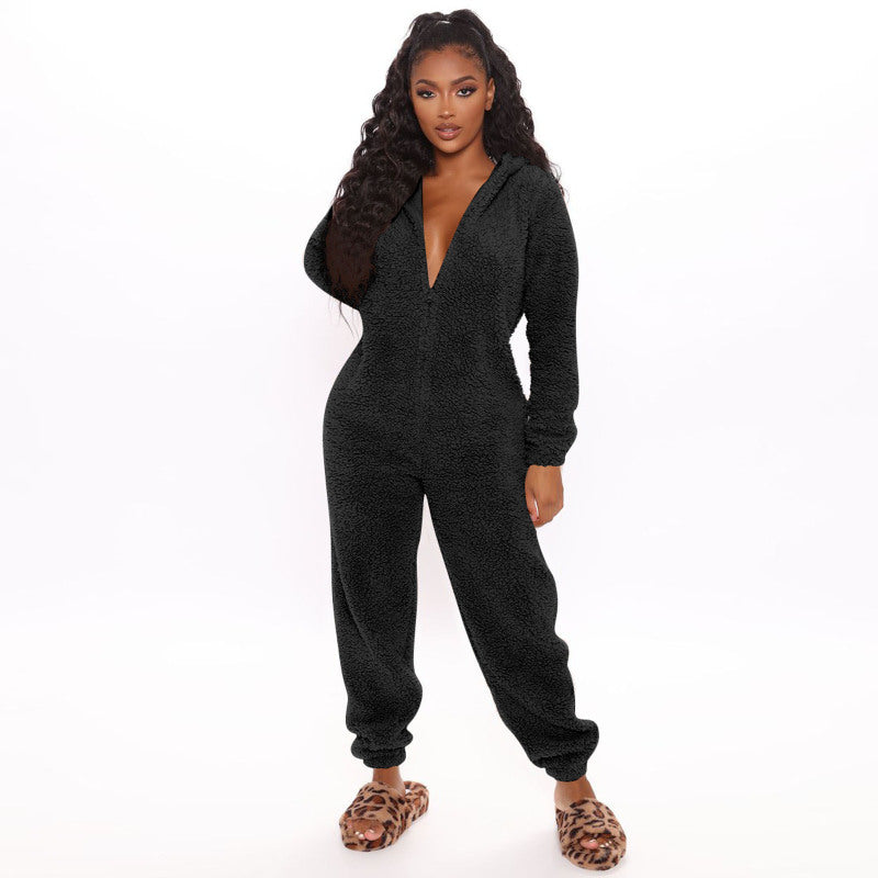 Long Sleeve Hooded Casual Jumpsuit Pants Plush Loungewear - K - 7 COLORS -