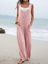 Thumbnail for Solid color patch pocket fashion jumpsuit V-neck overalls wide-leg  Beach & everyday trousers - K - 5 COLORS -