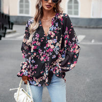 Thumbnail for Elegant floral print shirt with V-neck buttons blouse - K - 4 COLORS -