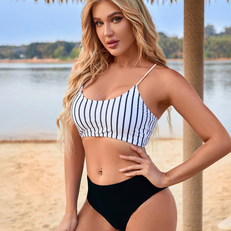 New high waist split bikini skinny swimsuit striped beach vacation bikini - K - 3 COLORS -