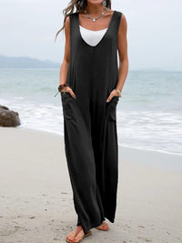 Thumbnail for Solid color patch pocket fashion jumpsuit V-neck overalls wide-leg  Beach & everyday trousers - K - 5 COLORS -