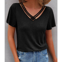 Thumbnail for Women's Solid Color Cross Straps V-Neck Tee - K - 6 COLORS -