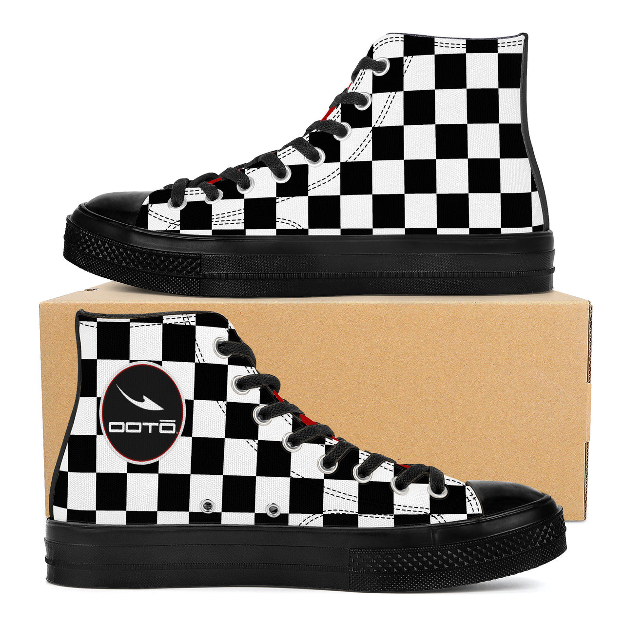 OOTO - CHECKERED W/ RED - SF_D71 High Top Canvas Shoes - Black soles - 1 COLOR -