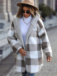 Thumbnail for Women's Plush Hooded Plaid Long Sleeve Loose Jacket