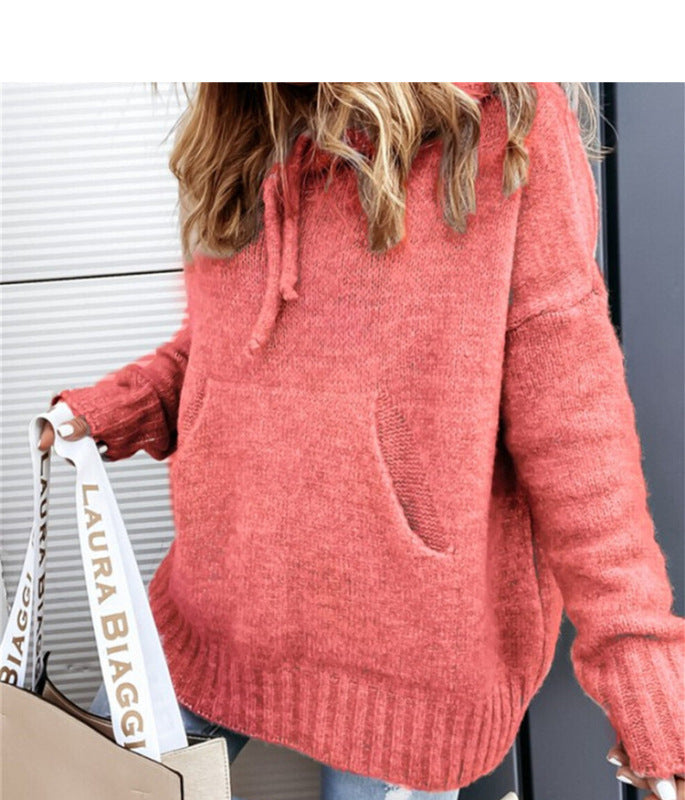 Women's Knitted Hoodie Kangaroo Pocket Casual Knitwear - K - 8 COLORS -