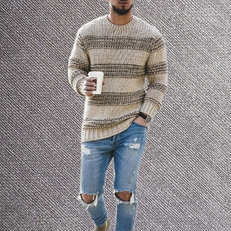 Men's fitted striped round neck long sleeve knitted sweater - K - 3 COLORS -