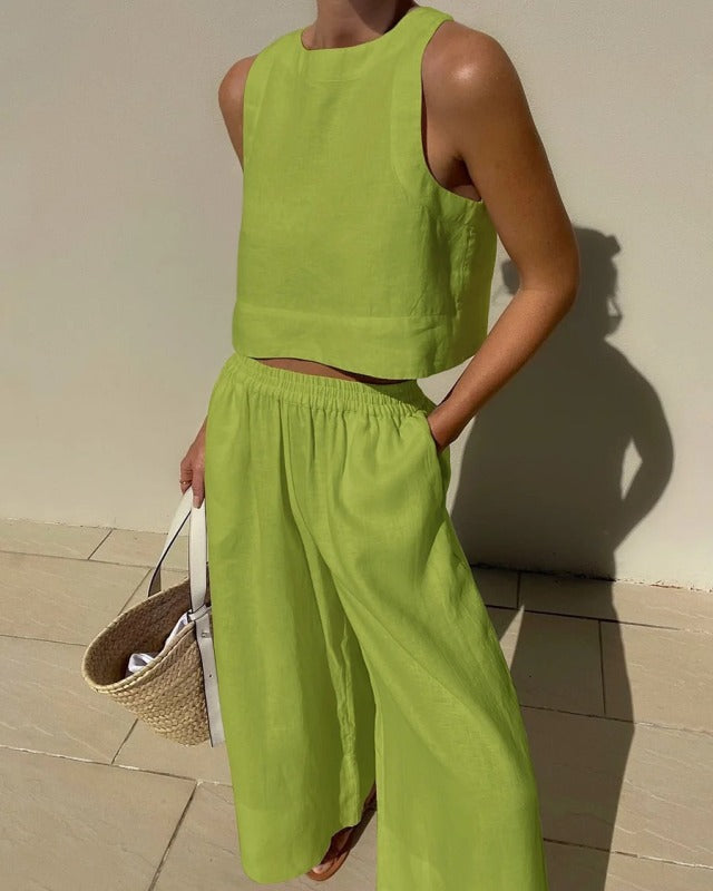 New casual loose solid color sleeveless shirt trousers two-piece set - 2 PCS. - K - 7 COLORS -