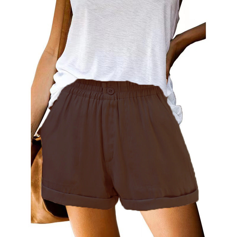 Women's Elastic Solid Color Buckle Zipper Pocket Casual Shorts - K - 5 COLORS -