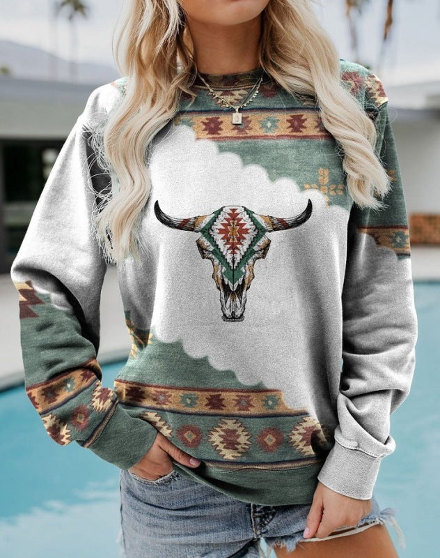 Long Sleeve Crewneck Western Print Sweatshirt - K - 3 PATTERNS -