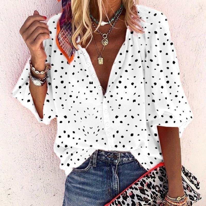 Polka Dot Snowflake Print Long Sleeve V Neck Button Ladies Shirt - K - 3 COLORS -