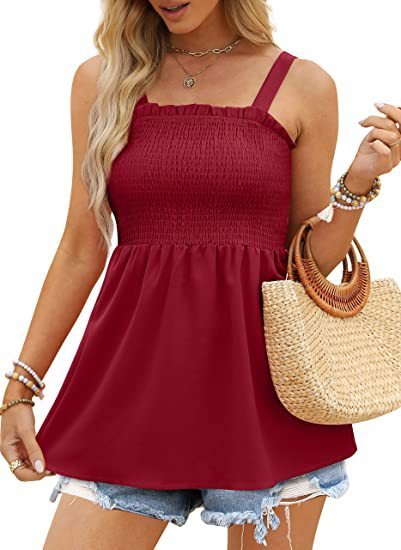 Women's Solid Color Camisole Ruffle Pleated Tank Top - K - 6 COLORS -