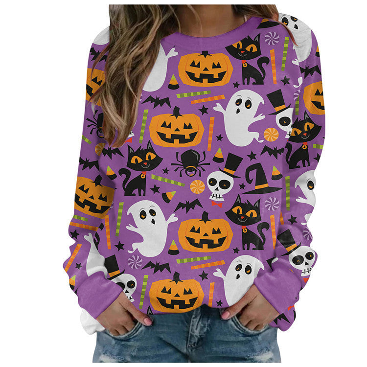 Women's Halloween printed long-sleeved loose sweatshirt  - K - 10 PATTERNS - CHECK US OUT! -