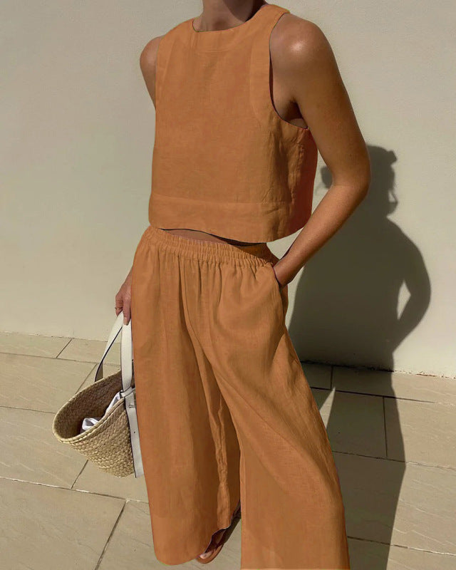 New casual loose solid color sleeveless shirt trousers two-piece set - 2 PCS. - K - 7 COLORS -