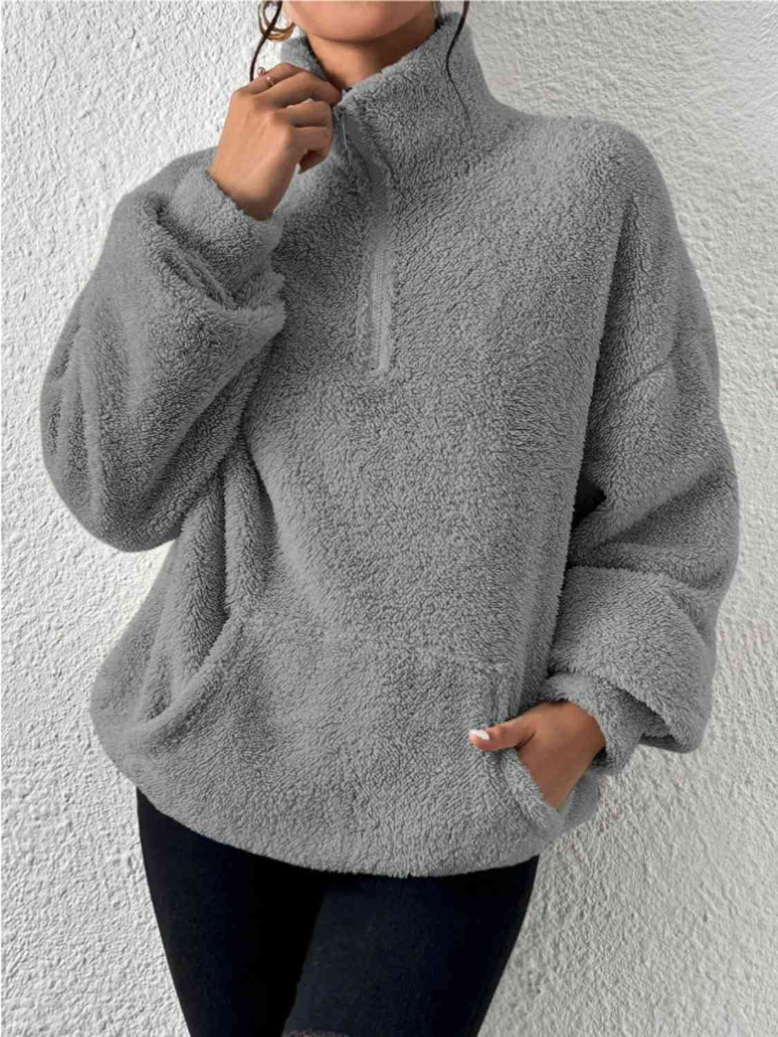 Half Zip Drop Shoulder Sweatshirt with Pocket - T - 3 COLORS -