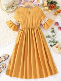 Thumbnail for Lace Waistband Embroidery Round Neck Flounce Sleeve Dress - T - 1 COLOR -