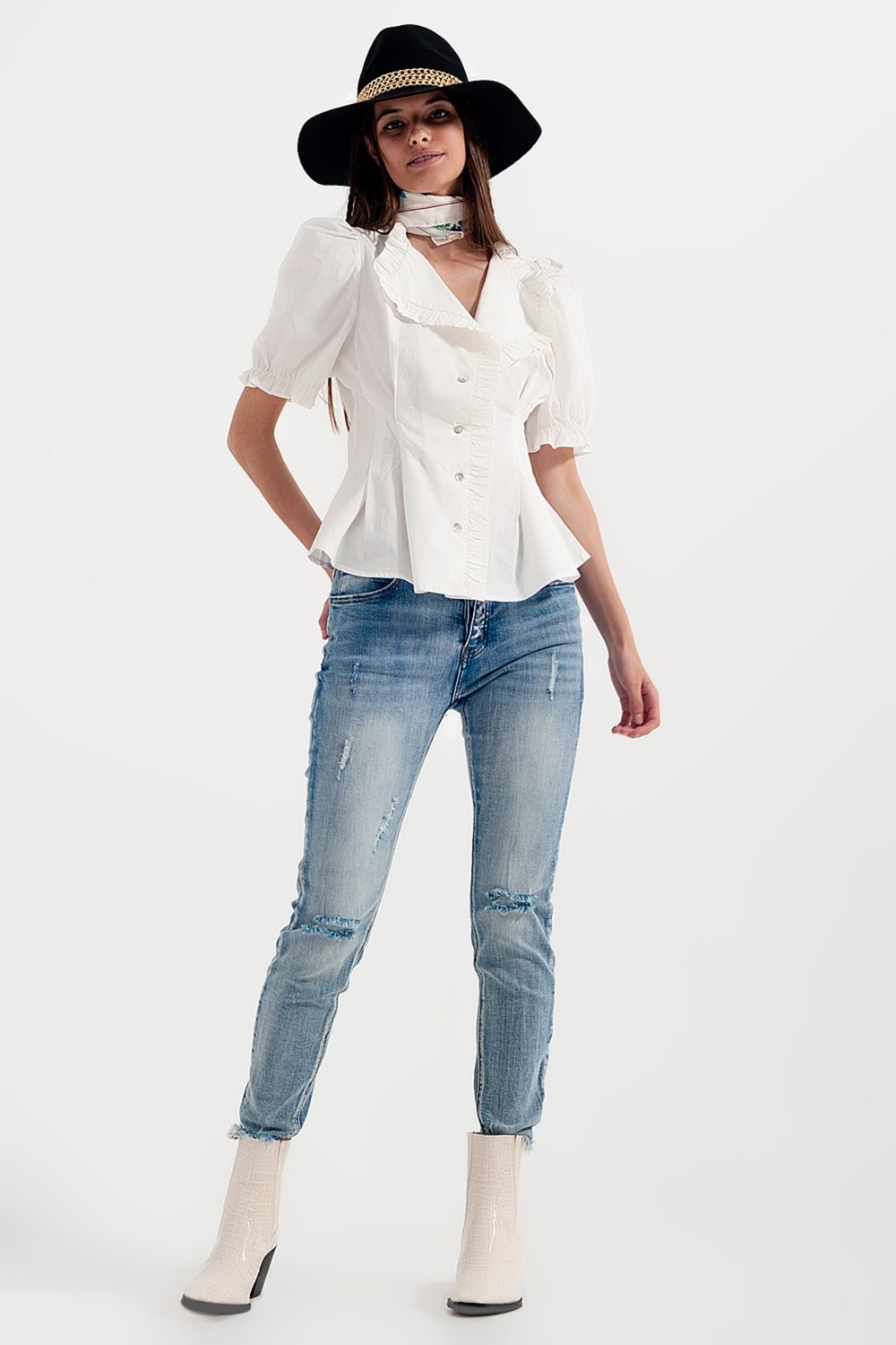 Q2 - Poplin Frill Detail Wrap Blouse in Cream - 1 COLOR -