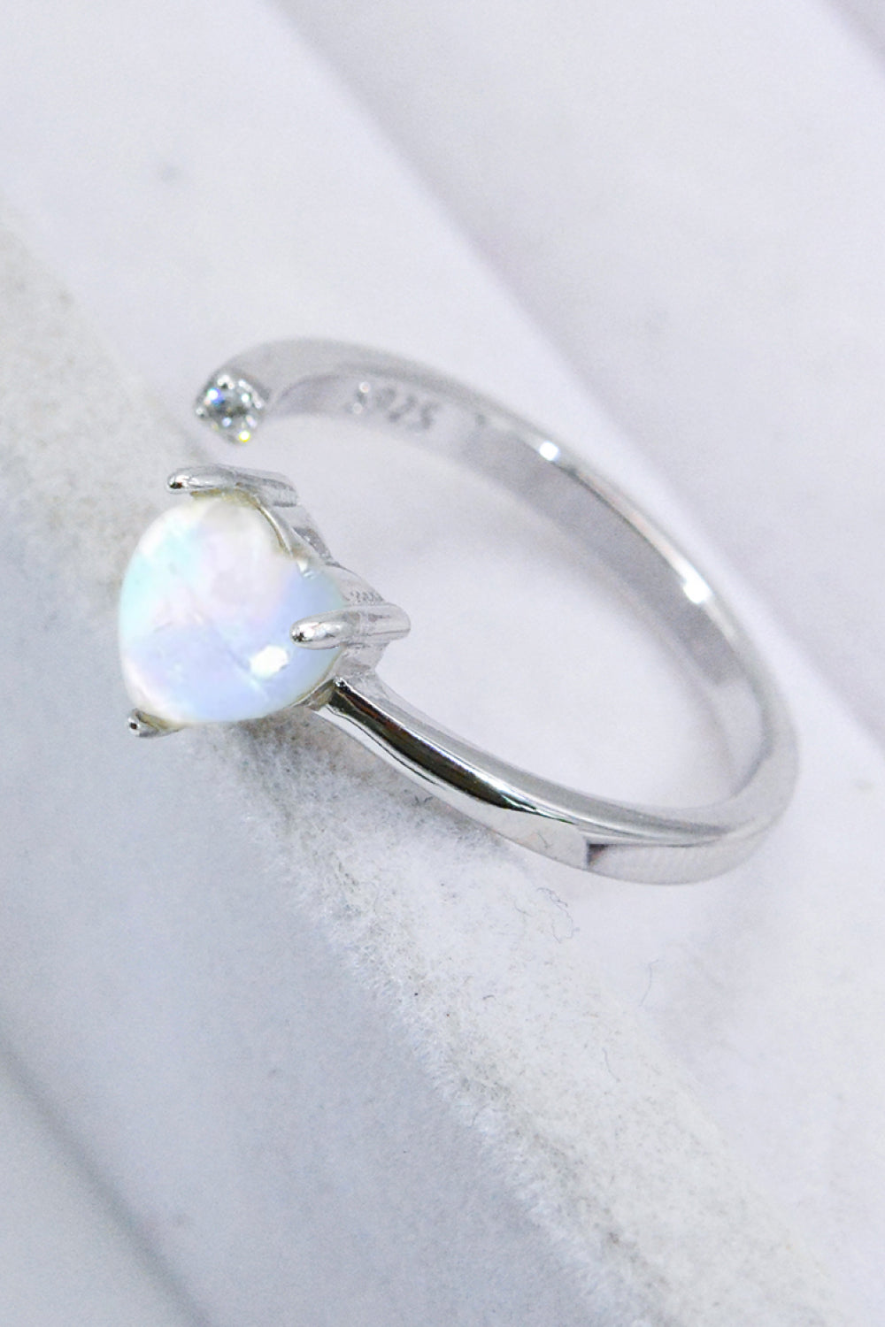 Inlaid Moonstone Heart Adjustable Open Ring - T - 1 SIZE FIT - 2 FINISHES -