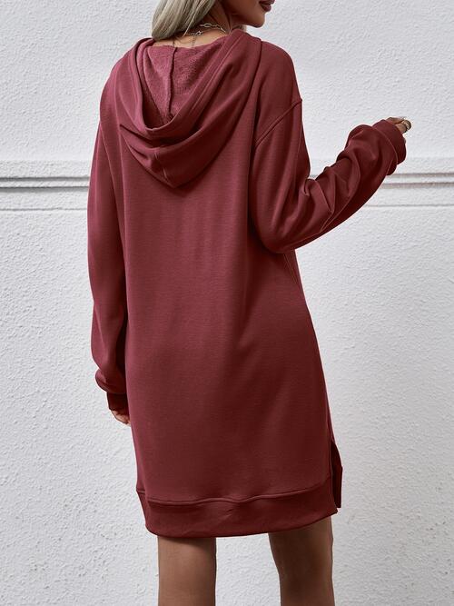 Slit Long Sleeve Hooded Dress with Pocket - T - 9 COLORS -