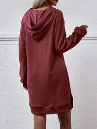 Thumbnail for Slit Long Sleeve Hooded Dress with Pocket - T - 9 COLORS -