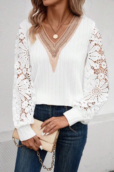 Lace Detail V-Neck Long Sleeve Blouse - T - 1 COLOR -