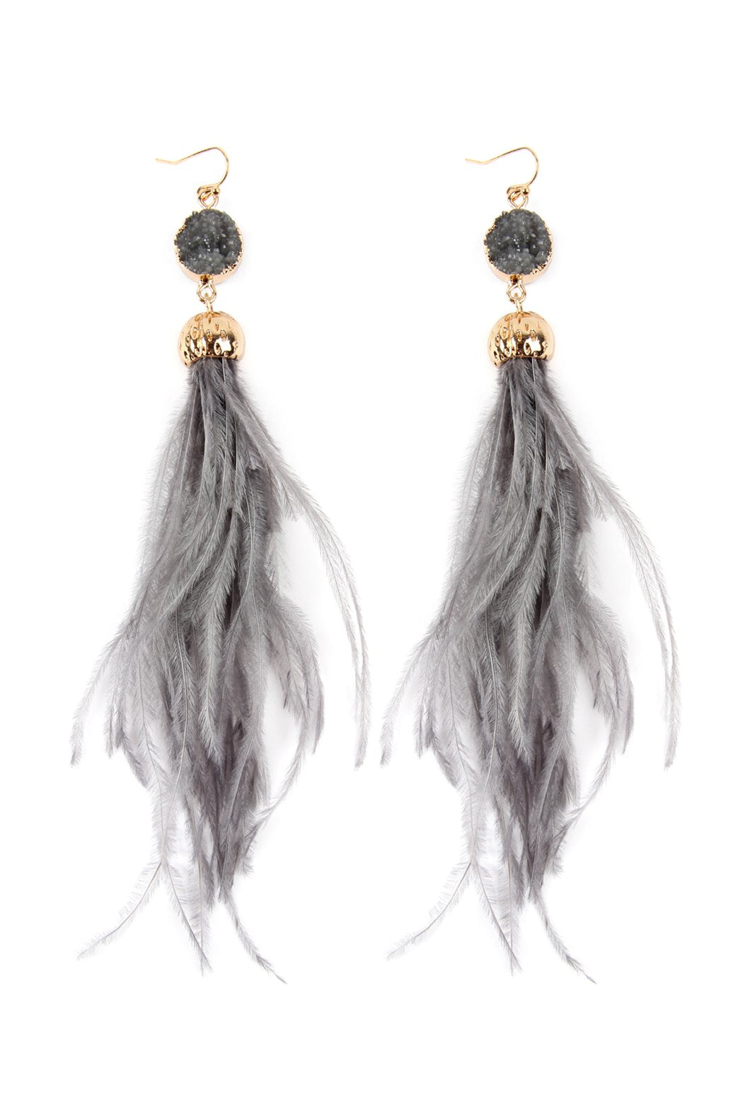 Riah Fashion - Druzy Stone Dangling Feather Earrings - 7 COLORS -