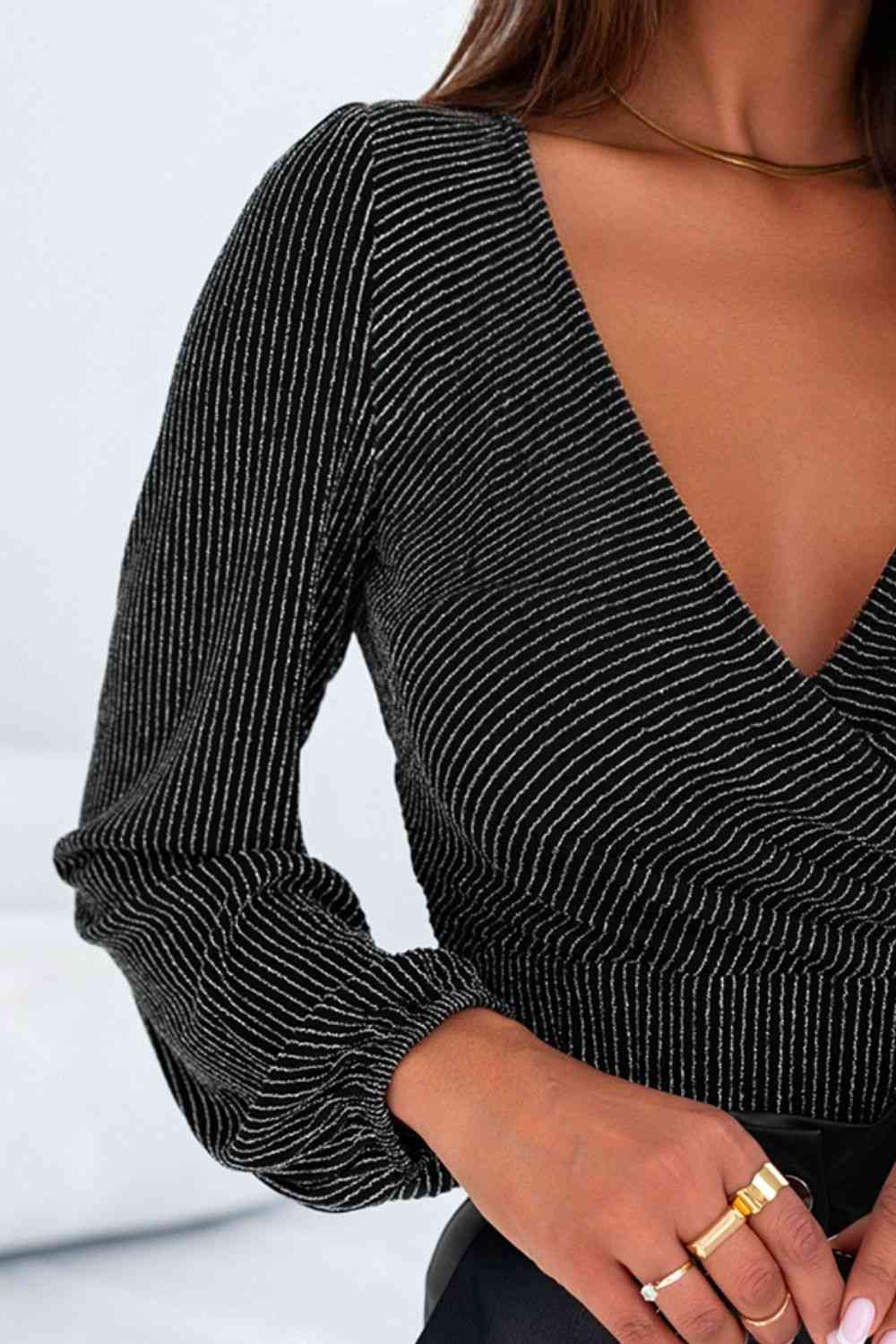 Striped Surplice Long Sleeve Bodysuit - T - 1 COLOR -