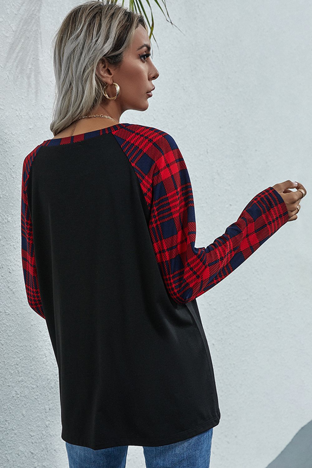 Plaid Print Long Raglan Sleeve Tee - T - 1 COLOR -