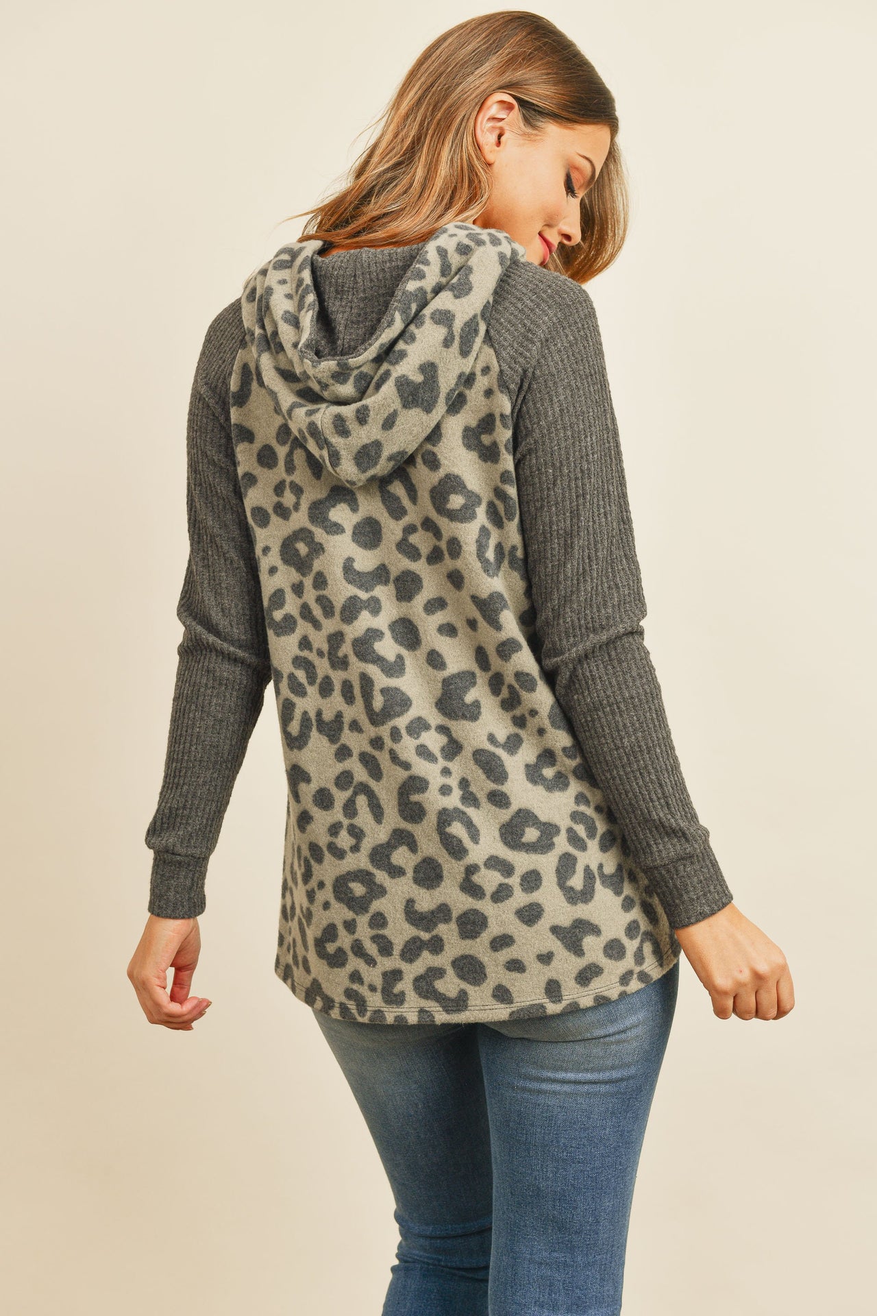 Riah Fashion - Waffle Sleeve Leopard Drawstring Hoodie - 3 COLORS -