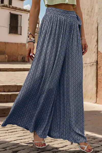 Printed Tied Wide Leg Pants - T - 3 COLORS -