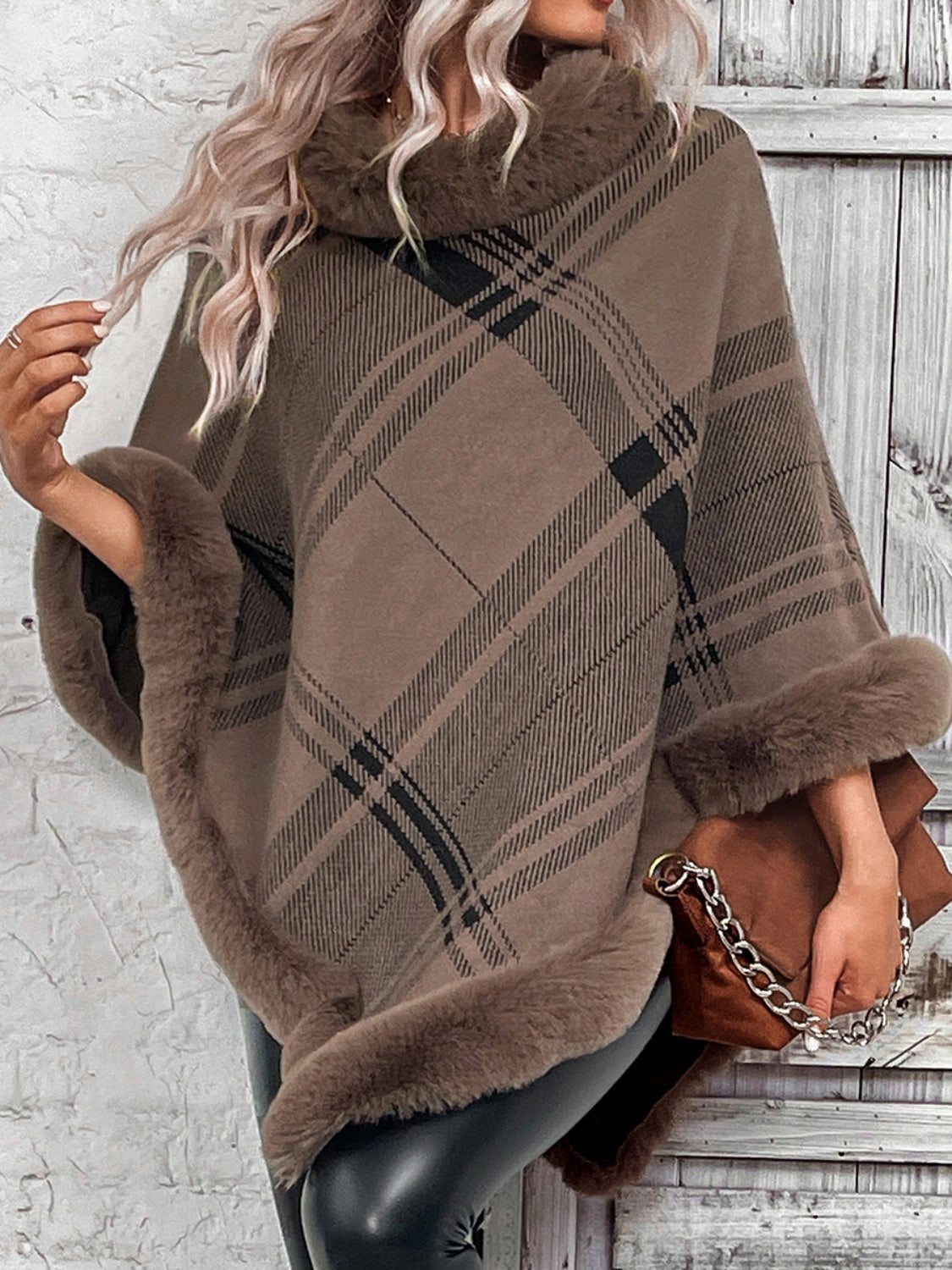 Plaid Faux Fur Trim Poncho - T - 1 COLOR -