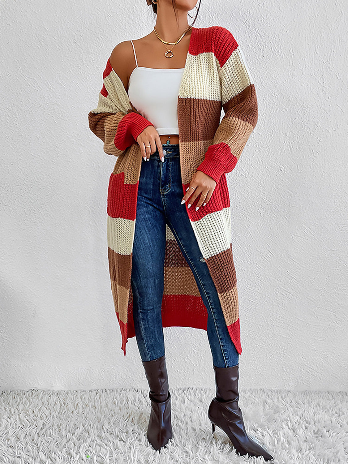 Color Block Open Front Longline Cardigan - T - 1 COLOR -