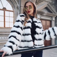 Thumbnail for Sharon Tatem - Black and White Striped Faux Fur Coat Fur Coat - Elegant Fur Coat - Long Sleeve Collarless Casual -