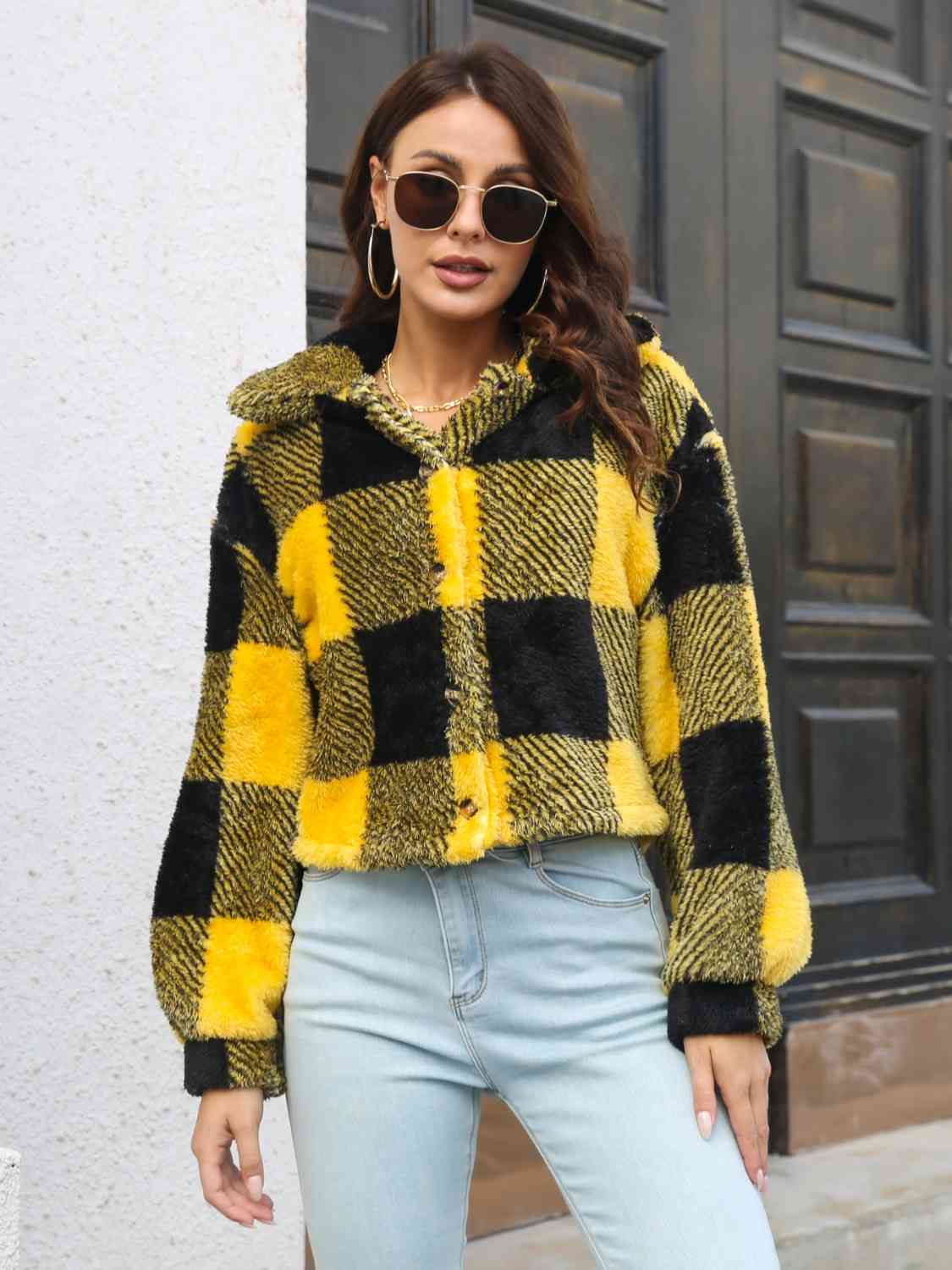 Plaid Dropped Shoulder Buttoned Jacket - T - 4 COLORS -