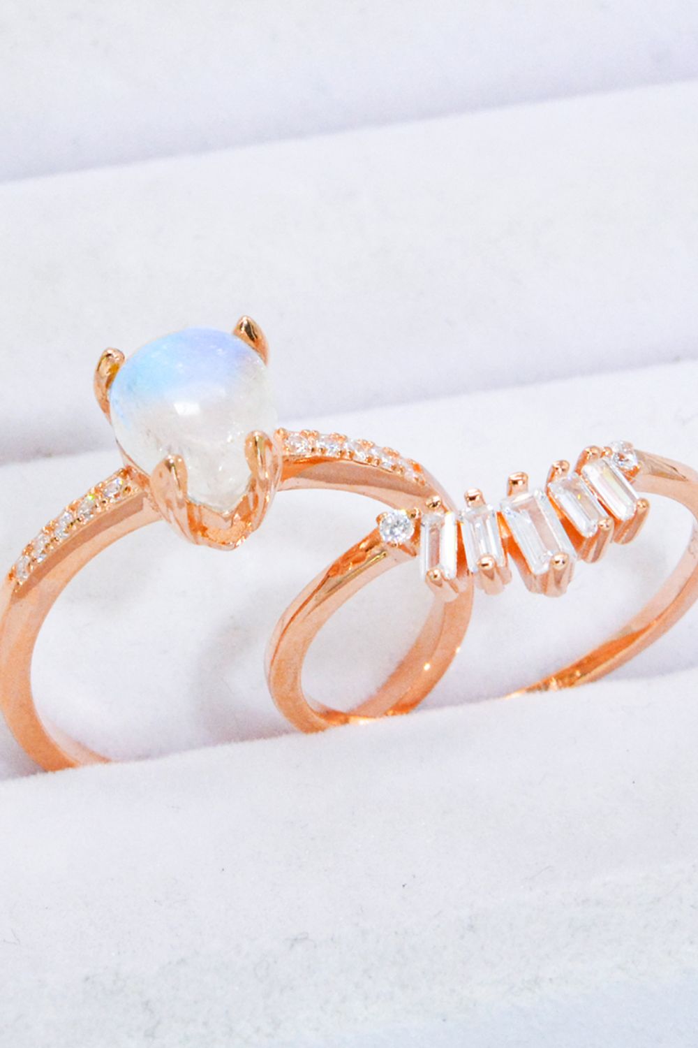 Natural Moonstone and Zircon 18K Rose Gold-Plated Two-Piece Ring Set - T - SIZES 6 THRU 9 - 1 FINISH -