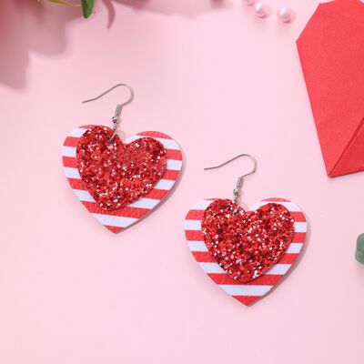 Faux Leather Iron Hook Sequin Heart Earrings - T - 1 COLOR -