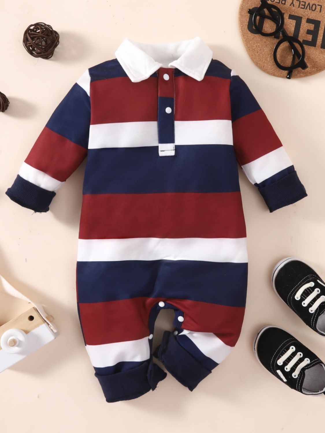 Baby Striped Collared Neck Jumpsuit - T - 5 SIZES - 1 COLOR -