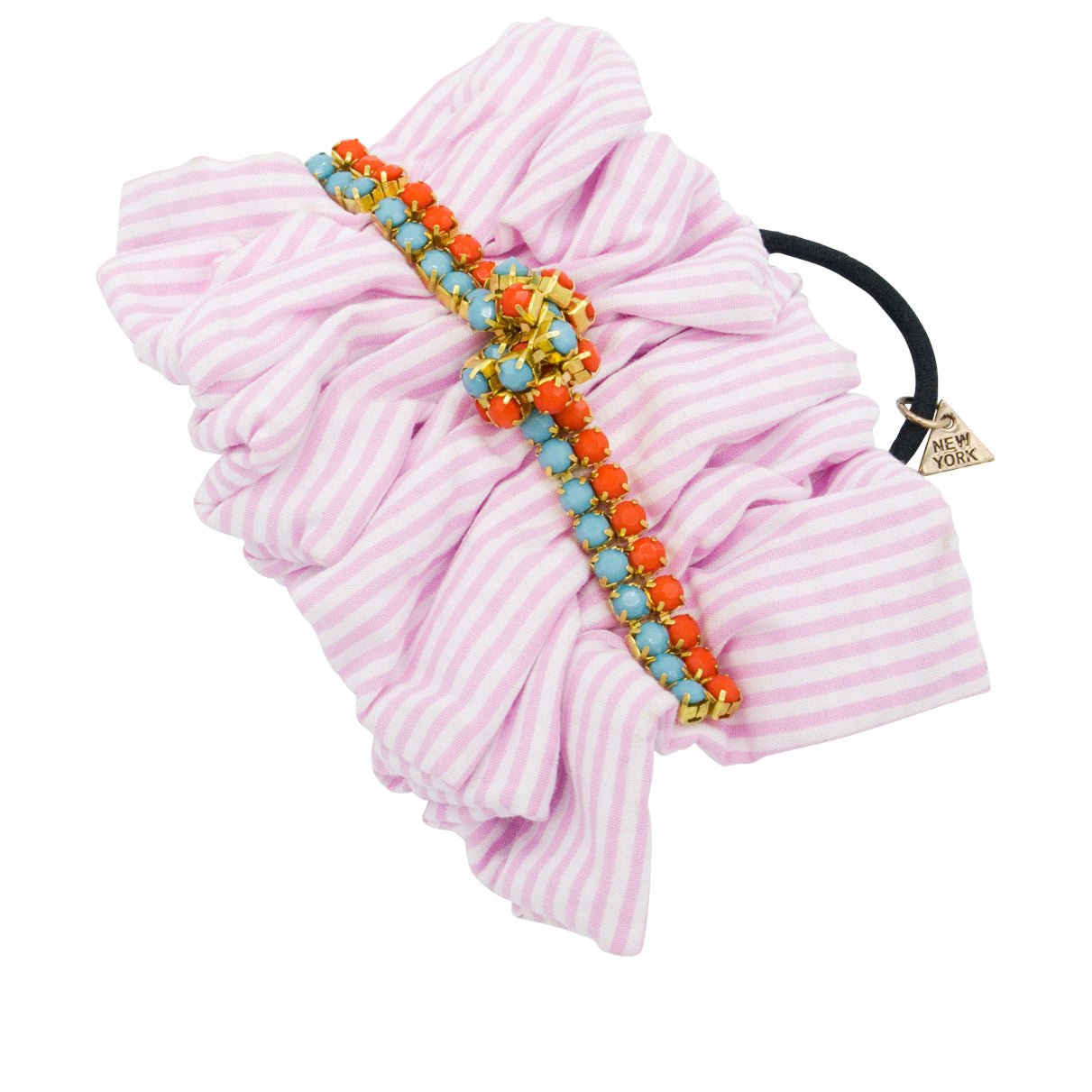 SAND BY SAYA N.Y. - Pink Hudson - Stripe and Rhinestone Ruffles Womens Hair Ties - 1 COLOR -