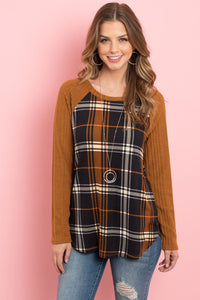 Thumbnail for Riah Fashion - Long Sleeve Knit Detail Contrast Plaid Top - 1 COLOR -