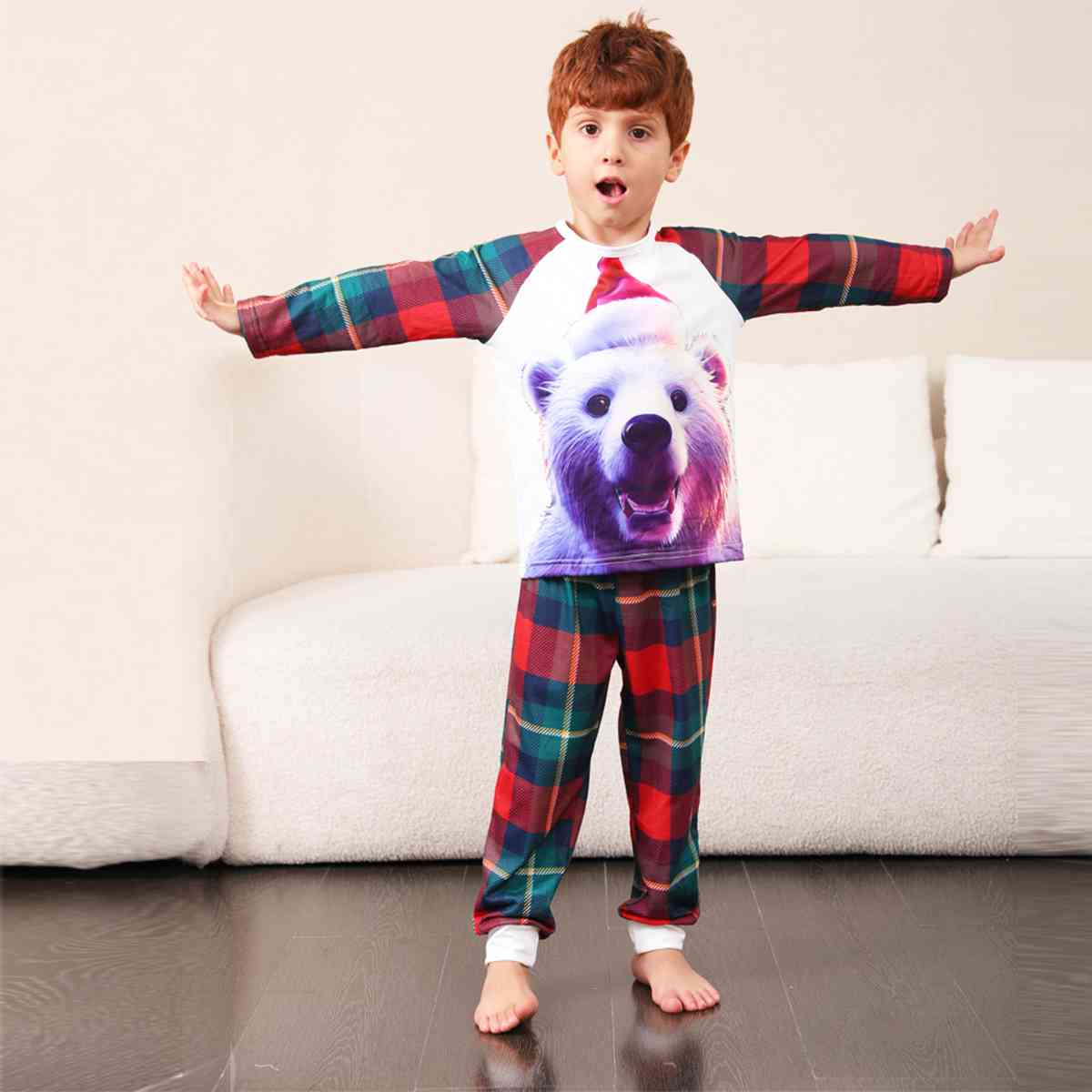 KIDS Graphic Round Neck Top and Plaid Pants Set - T -